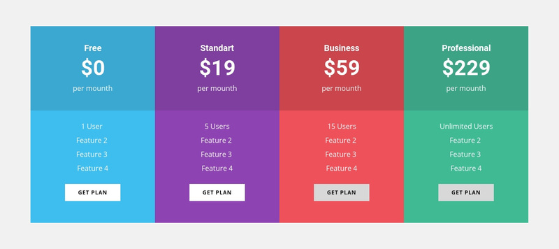 Colored Pricing Table Web Page Design